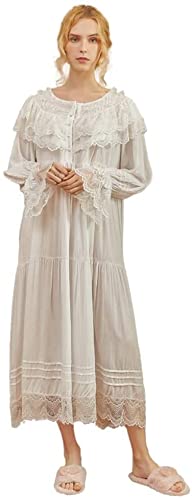 HZYDD Pijamas de Maternidad para Mujer Vestido de Dormir de Encaje Vintage Vestido de casa de Manga Larga Camisón de Palacio Retro Pijamas de enfermería de Maternidad, Encaje Blanco (Size : XL)