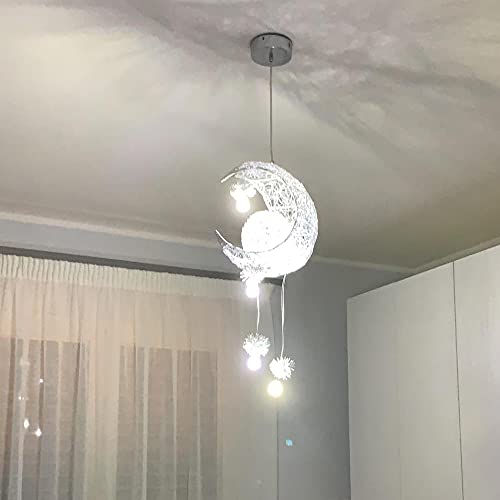 iDEGU Lámpara Colgante Diseño Luna y Estrellas Lámpara de Techo Moderno Plafón LED Techo con 5 Bombillas Lámpara Creativa para Dormitorio de Niños (Luz Blanca Fría)