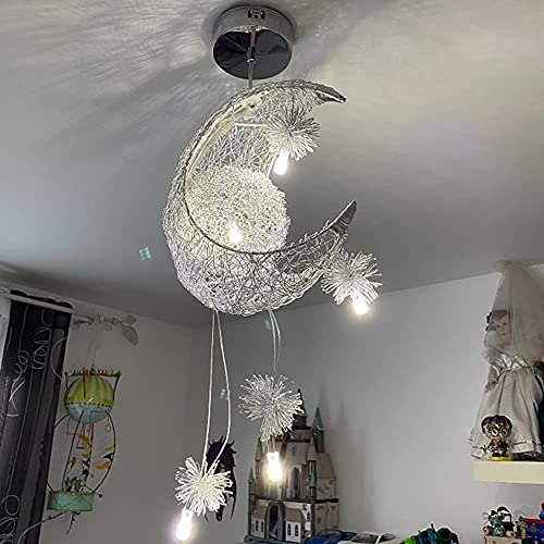 iDEGU Lámpara Colgante Diseño Luna y Estrellas Lámpara de Techo Moderno Plafón LED Techo con 5 Bombillas Lámpara Creativa para Dormitorio de Niños (Luz Blanca Fría)