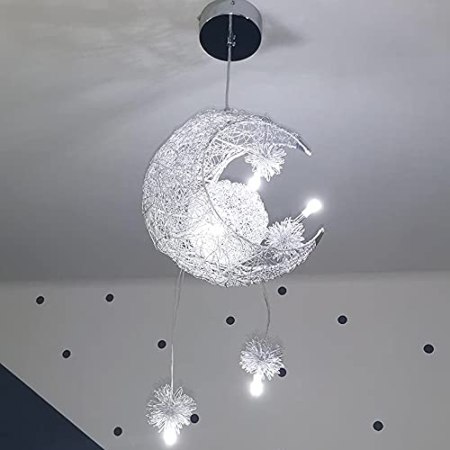 iDEGU Lámpara Colgante Diseño Luna y Estrellas Lámpara de Techo Moderno Plafón LED Techo con 5 Bombillas Lámpara Creativa para Dormitorio de Niños (Luz Blanca Fría)