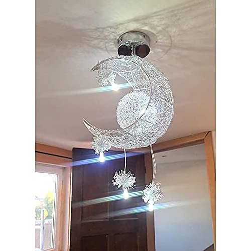 iDEGU Lámpara Colgante Diseño Luna y Estrellas Lámpara de Techo Moderno Plafón LED Techo con 5 Bombillas Lámpara Creativa para Dormitorio de Niños (Luz Blanca Fría)