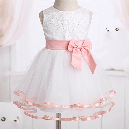 iiniim Vestido de Bautizo Bebé Niña Recién Nacido Vestido Blanco Brodado de Bautizo Boda Princesa Tutú Bowknot Traje de Bautizo Fiesta Ceremonia Conjunto con Bragas 0-24 Meses Rosa 3-6 meses