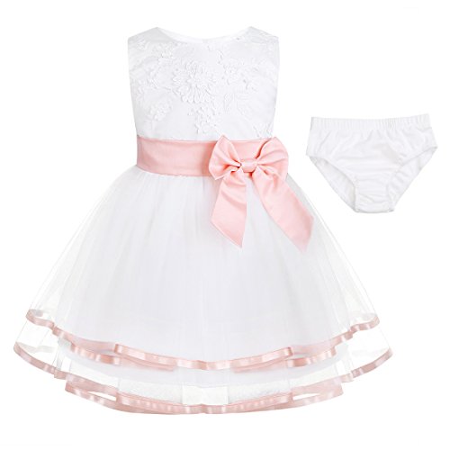 iiniim Vestido de Bautizo Bebé Niña Recién Nacido Vestido Blanco Brodado de Bautizo Boda Princesa Tutú Bowknot Traje de Bautizo Fiesta Ceremonia Conjunto con Bragas 0-24 Meses Rosa 3-6 meses