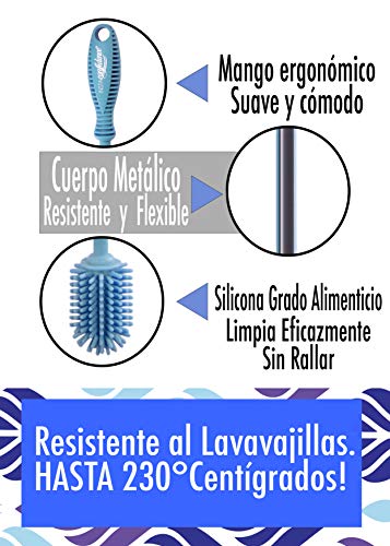 INSTAconfidence 2022 Kit Limpiador Botellas de Silicona XXL (Azul) Sin BPA Antibacterias Cepillo Biberones Limpieza Hogar Jarron Cachimba Limpiabotella Camping