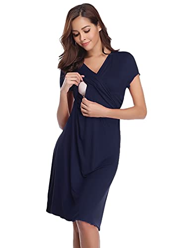 Irdcomps Camisón de Maternidad para Mujeres Ropa para Dormir para premamá Camisón de Lactancia Maternidad Embarazo Hospital(Azul Marino,XL)