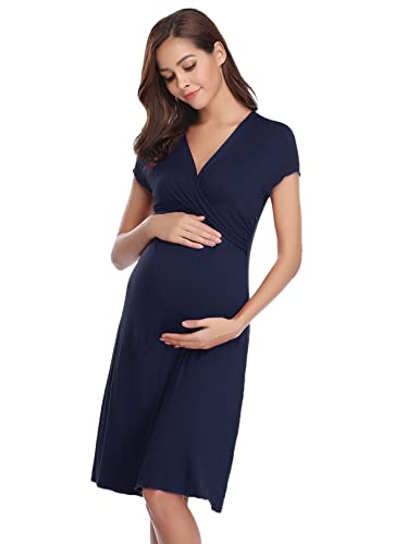 Irdcomps Camisón de Maternidad para Mujeres Ropa para Dormir para premamá Camisón de Lactancia Maternidad Embarazo Hospital(Azul Marino,XL)