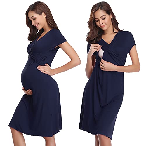 Irdcomps Camisón de Maternidad para Mujeres Ropa para Dormir para premamá Camisón de Lactancia Maternidad Embarazo Hospital(Azul Marino,XL)