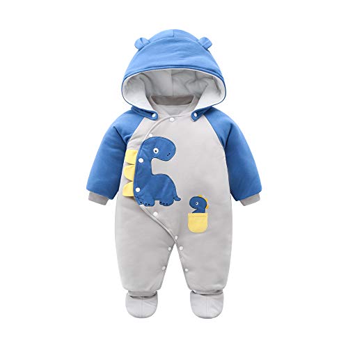 JinBei Pelele Niño Bebé De Invierno,Traje De Nieve Bebé Ropa De Invierno Footed Peleles Mameluco con Capucha Cálido Monos para Niños Niñas,Estampado De Dinosaurios, Azul Grisáceo,3-6 Meses