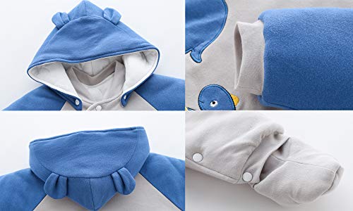 JinBei Pelele Niño Bebé De Invierno,Traje De Nieve Bebé Ropa De Invierno Footed Peleles Mameluco con Capucha Cálido Monos para Niños Niñas,Estampado De Dinosaurios, Azul Grisáceo,3-6 Meses