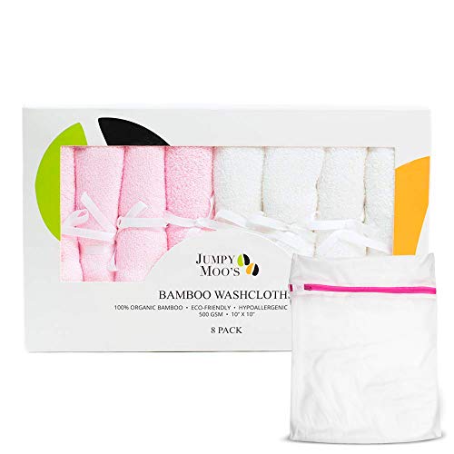 JM Toallitas Bambu – Toallitas Recien Nacido Perfectas Como Gasas Para Bebes, Toallitas Bebe - Set De Regalo Bebe Recien Nacido Niño Y Niña - Incluye Bolsa De Lavandería (Rosa y Blanco, 8 piezas)