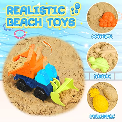 Joujou 2 in 1 Juguetes de Playa / Juguetes de Baño 19 PCS, Juegos Playa para Niños para Bebe 2 3 Años, Camiones Juguetes Juguetes de Verano Incluye Malla Reutilizable