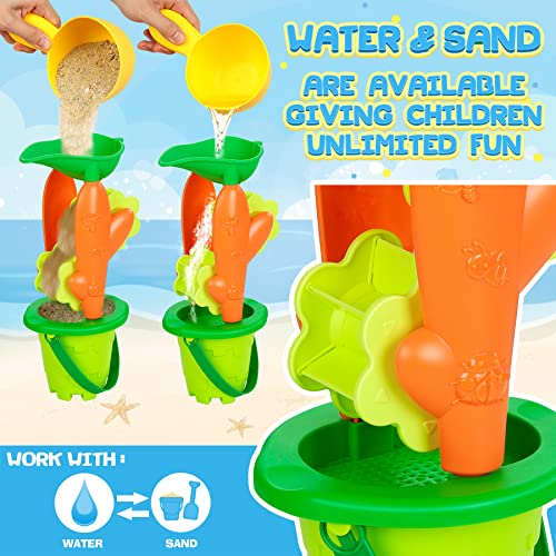 Joujou 2 in 1 Juguetes de Playa / Juguetes de Baño 19 PCS, Juegos Playa para Niños para Bebe 2 3 Años, Camiones Juguetes Juguetes de Verano Incluye Malla Reutilizable