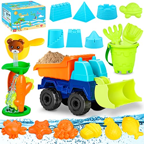 Joujou 2 in 1 Juguetes de Playa / Juguetes de Baño 19 PCS, Juegos Playa para Niños para Bebe 2 3 Años, Camiones Juguetes Juguetes de Verano Incluye Malla Reutilizable