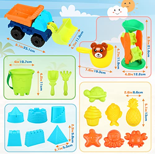 Joujou 2 in 1 Juguetes de Playa / Juguetes de Baño 19 PCS, Juegos Playa para Niños para Bebe 2 3 Años, Camiones Juguetes Juguetes de Verano Incluye Malla Reutilizable