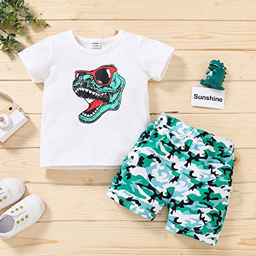 Juego 2 piezas completo para niño camiseta verano con impresión de dinosaurio+pantalones cortos con impresión dinosaurio con colores veraniegos para niños de playa y playa (blanco,18- 24 meses)