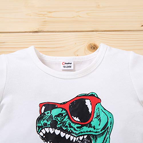 Juego 2 piezas completo para niño camiseta verano con impresión de dinosaurio+pantalones cortos con impresión dinosaurio con colores veraniegos para niños de playa y playa (blanco,18- 24 meses)