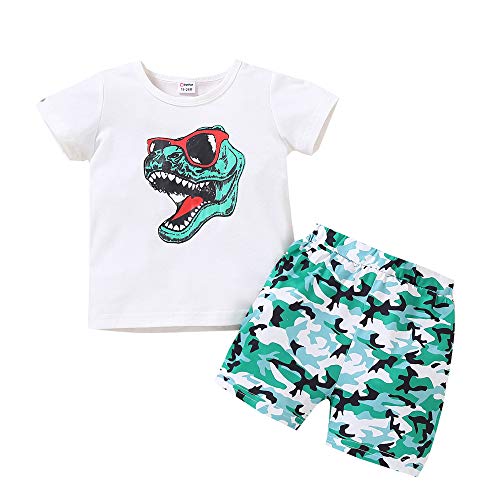 Juego 2 piezas completo para niño camiseta verano con impresión de dinosaurio+pantalones cortos con impresión dinosaurio con colores veraniegos para niños de playa y playa (blanco,18- 24 meses)