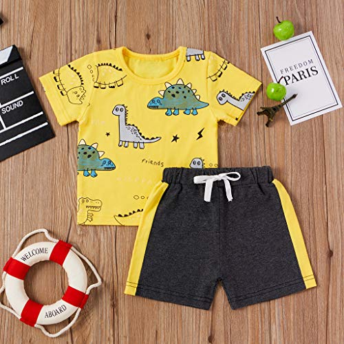 Juego de 2 Piezas de Ropa Deportiva para Niño Bebé Conjunto Camiseta de Manga Corta con Estampado de Dinosaurio + Pantalones Cortos Deportivos (Amarillo, 3-4 Años)