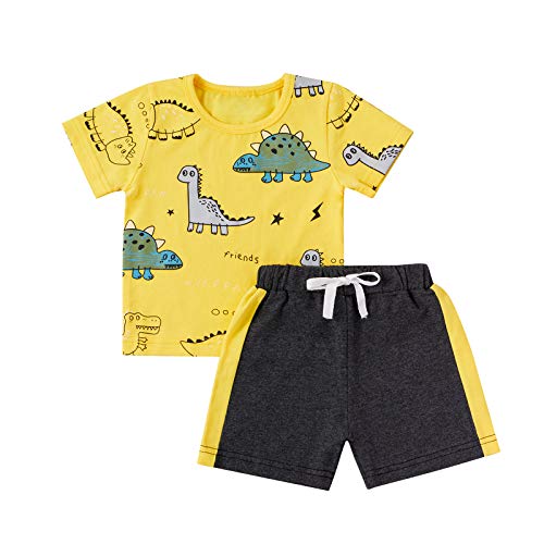 Juego de 2 Piezas de Ropa Deportiva para Niño Bebé Conjunto Camiseta de Manga Corta con Estampado de Dinosaurio + Pantalones Cortos Deportivos (Amarillo, 3-4 Años)