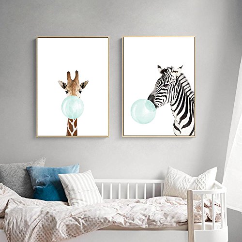 Juego de 3 Cuadros Animales Jirafa Cebra Elefante Pósteres Impresion en Lienzo Láminas Decorativas Pared Infantil Imagen de Niños Decorar Habitaciones de Bebe Regalo Impresiones de Lienzo PTANB004-M