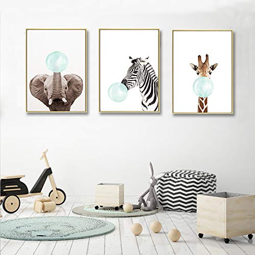 Juego de 3 Cuadros Animales Jirafa Cebra Elefante Pósteres Impresion en Lienzo Láminas Decorativas Pared Infantil Imagen de Niños Decorar Habitaciones de Bebe Regalo Impresiones de Lienzo PTANB004-M