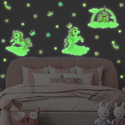 KAIRNE Unicornio Pegatina Pared Decorativas Dormitorio Infantiles,Pegatinas Luminosas Infantiles Niña,Pegatinas Pared Fluorescente,Estrella Vinilo Adhesivos Luminosos para Techo Habitación Bebé Decor