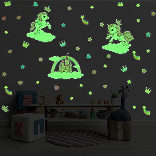 KAIRNE Unicornio Pegatina Pared Decorativas Dormitorio Infantiles,Pegatinas Luminosas Infantiles Niña,Pegatinas Pared Fluorescente,Estrella Vinilo Adhesivos Luminosos para Techo Habitación Bebé Decor