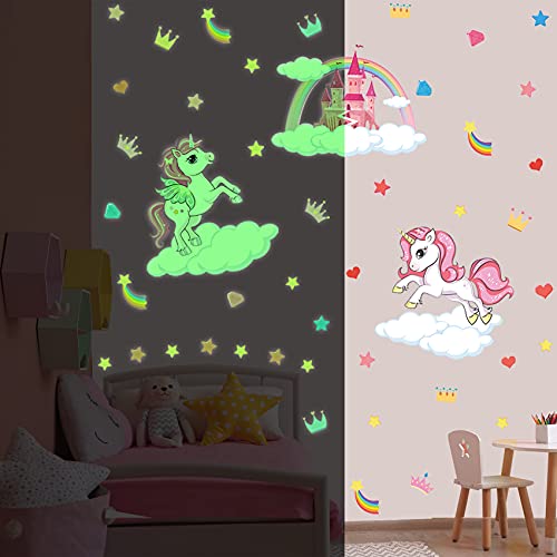 KAIRNE Unicornio Pegatina Pared Decorativas Dormitorio Infantiles,Pegatinas Luminosas Infantiles Niña,Pegatinas Pared Fluorescente,Estrella Vinilo Adhesivos Luminosos para Techo Habitación Bebé Decor