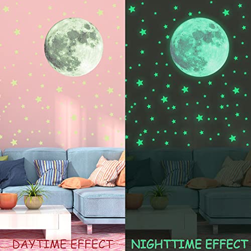 KAONESS Luminoso Pegatinas de Pared Luna y Estrellas Pegatina Pared Fluorescente para Niños Infantil Fluorescente Adhesivos para DIY Decoración de la Habitación para techo 3 Piezas 334pcs