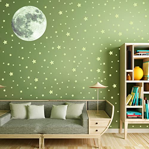 KAONESS Luminoso Pegatinas de Pared Luna y Estrellas Pegatina Pared Fluorescente para Niños Infantil Fluorescente Adhesivos para DIY Decoración de la Habitación para techo 3 Piezas 334pcs