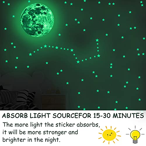 KAONESS Luminoso Pegatinas de Pared Luna y Estrellas Pegatina Pared Fluorescente para Niños Infantil Fluorescente Adhesivos para DIY Decoración de la Habitación para techo 3 Piezas 334pcs