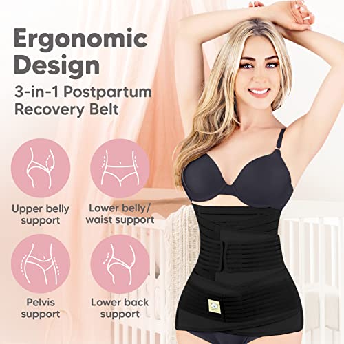 KeaBabies Envoltura De Recuperación De Apoyo del Vientre Posparto 3 en 1 - Banda De Vientre para Posnatal, Embarazo, Maternidad - Fajas para Mujeres Body Shaper (Midnight Black, One Size)