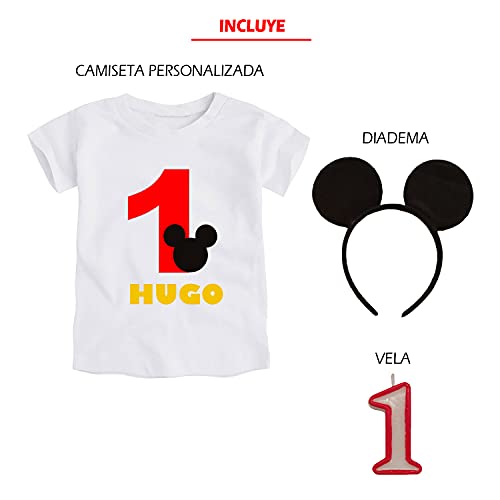 Kembilove Conjunto Cumpleaños Personalizado de 3 piezas para Bebé de 1 año – Con Camiseta, Diadema y Vela – Disfraz para sesiones de fotos de Cumpleaños – Diseño Mickey 12 -18 Meses