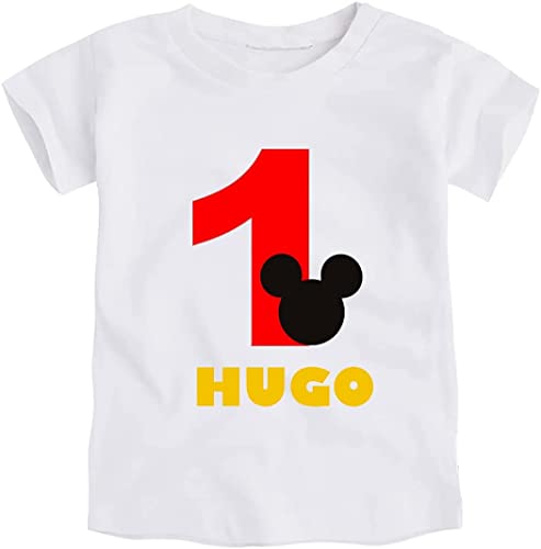 Kembilove Conjunto Cumpleaños Personalizado de 3 piezas para Bebé de 1 año – Con Camiseta, Diadema y Vela – Disfraz para sesiones de fotos de Cumpleaños – Diseño Mickey 12 -18 Meses