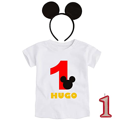 Kembilove Conjunto Cumpleaños Personalizado de 3 piezas para Bebé de 1 año – Con Camiseta, Diadema y Vela – Disfraz para sesiones de fotos de Cumpleaños – Diseño Mickey 12 -18 Meses