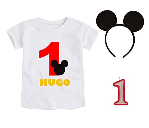 Kembilove Conjunto Cumpleaños Personalizado de 3 piezas para Bebé de 1 año – Con Camiseta, Diadema y Vela – Disfraz para sesiones de fotos de Cumpleaños – Diseño Mickey 12 -18 Meses