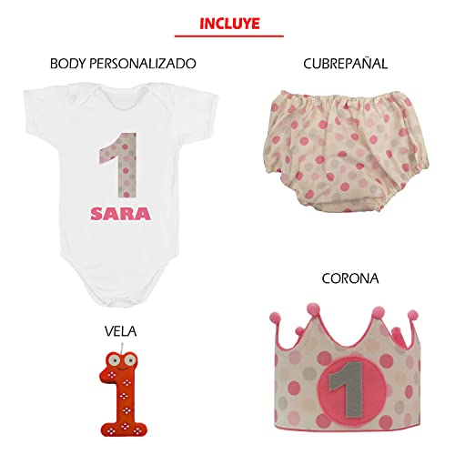 Kembilove Conjunto Personalizado de 4 piezas para Bebé de 1 año – Con Corona, Body, Tutu y Vela – Disfraz para sesiones de fotos de Cumpleaños – Diseño Niños Lunares Rosa 9 -12 Meses