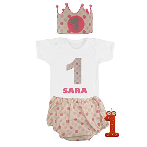 Kembilove Conjunto Personalizado de 4 piezas para Bebé de 1 año – Con Corona, Body, Tutu y Vela – Disfraz para sesiones de fotos de Cumpleaños – Diseño Niños Lunares Rosa 9 -12 Meses