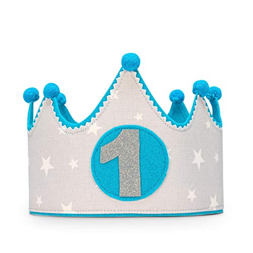 Kembilove Corona de Primer Cumpleaños con Camiseta – Adorable Conjunto de Cumpleaños de 1 Año para Niños y Niñas – Corona Ajustable Ideal para Fiestas de Cumpleaños Estrellas Gris-Azul