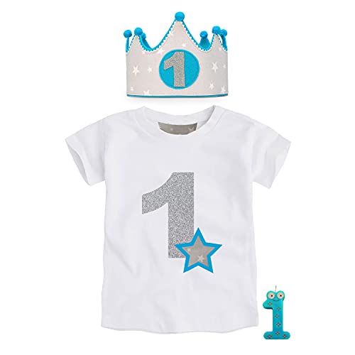 Kembilove Corona de Primer Cumpleaños con Camiseta – Adorable Conjunto de Cumpleaños de 1 Año para Niños y Niñas – Corona Ajustable Ideal para Fiestas de Cumpleaños Estrellas Gris-Azul