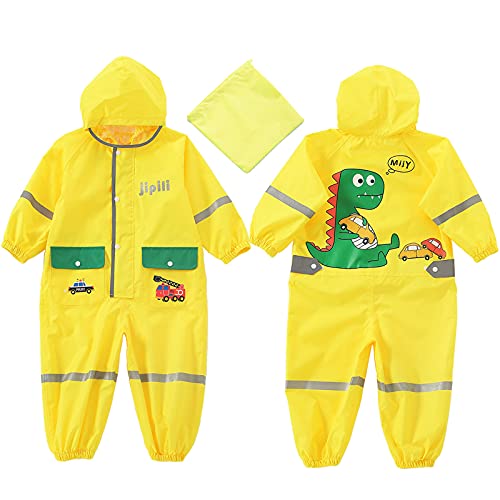 Keyck Chubasquero Impermeable Niño Niña Mono De Bolsillo Lluvia Reflectante Transpirable Encapuchado Reutilizable Chaqueta Lluvia Capucha Dibujos Dinosaurio Animados 1-2 años (Amarillo)