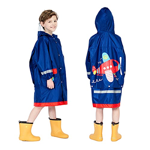 Keyck Chubasquero Impermeables Capa Infantil Niño Niña Lluvia Reflectante Transpirable Encapuchado Reutilizable Chaqueta Lluvia Capucha Dibujos Avión Animados 3-4 años (Azul Marino)