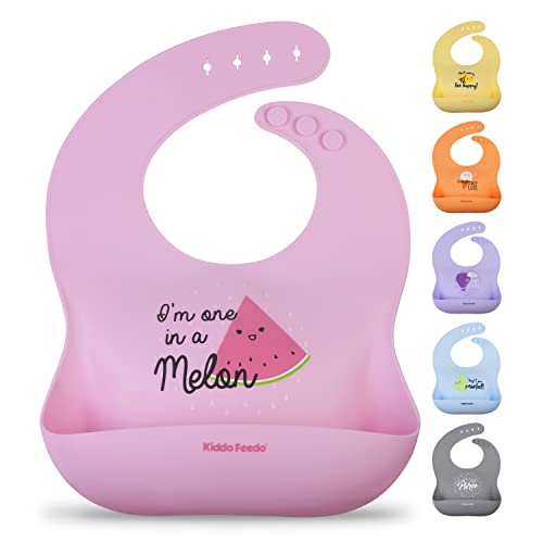 Kiddo Feedo Baberos de Silicona para Bebés y Niños Mayores - 6 Colores/Diseños Originales Disponibles - Impermeable, Blando y Lavable - Sin BPA y Ecológico - Rosa