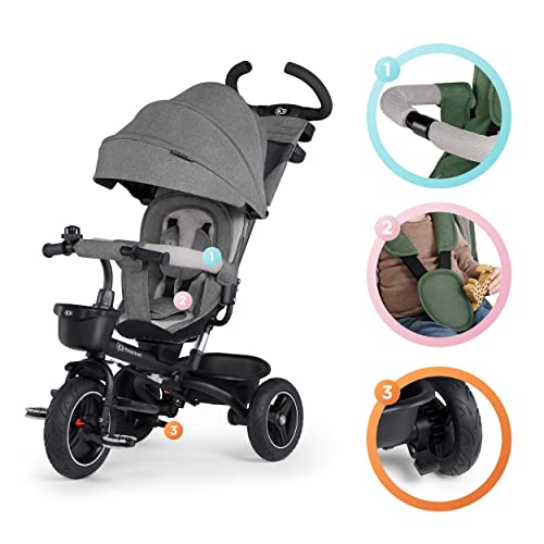 Kinderkraft SPINSTEP Triciclo Evolutivo Bebé 5 en 1 de 9 Meses a 5 Años, Bicicleta para niños, Plegable y reclinable, Capota impermeable con filtro UPF 50+, Asiento giratorio 360 grados, Gris