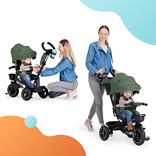 Kinderkraft SPINSTEP Triciclo Evolutivo Bebé 5 en 1 de 9 Meses a 5 Años, Bicicleta para niños, Plegable y reclinable, Capota impermeable con filtro UPF 50+, Asiento giratorio 360 grados, Gris