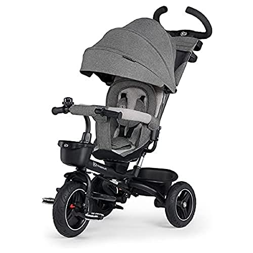 Kinderkraft SPINSTEP Triciclo Evolutivo Bebé 5 en 1 de 9 Meses a 5 Años, Bicicleta para niños, Plegable y reclinable, Capota impermeable con filtro UPF 50+, Asiento giratorio 360 grados, Gris