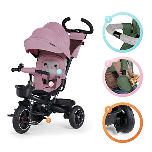 Kinderkraft SPINSTEP Triciclo Evolutivo Bebé 5 en 1 de 9 Meses a 5 Años, Bicicleta para niños, Plegable y reclinable, Capota impermeable con filtro UPF 50+, Asiento giratorio 360 grados, Rosa