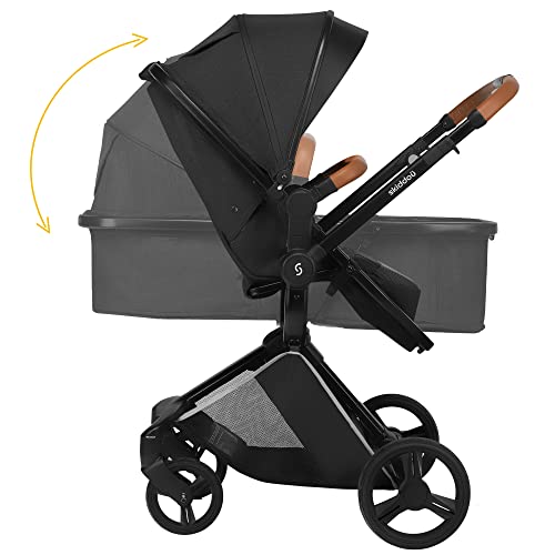 Kinderwagen 2 in 1 Nasjo, leichter Buggy und Babywanne, robuste Aluminiumrahmen, kompakte Größe, Blockademöglichkeit der Vorderräder, Handbremse