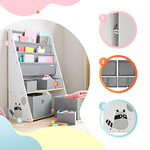 kk Kinderkraft Estantería para niños RACOON, Mini Libreria, Organizador de Juguetes, Blanco y Gris