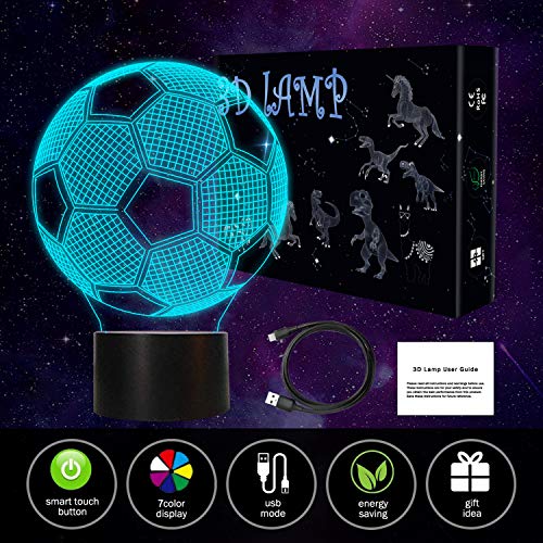 Lámpara de fútbol 3D, QpenguinBabies Luz de noche 3D para niños, luz de noche de fútbol 7 colores cambios, regalos de fútbol para niños y adultos